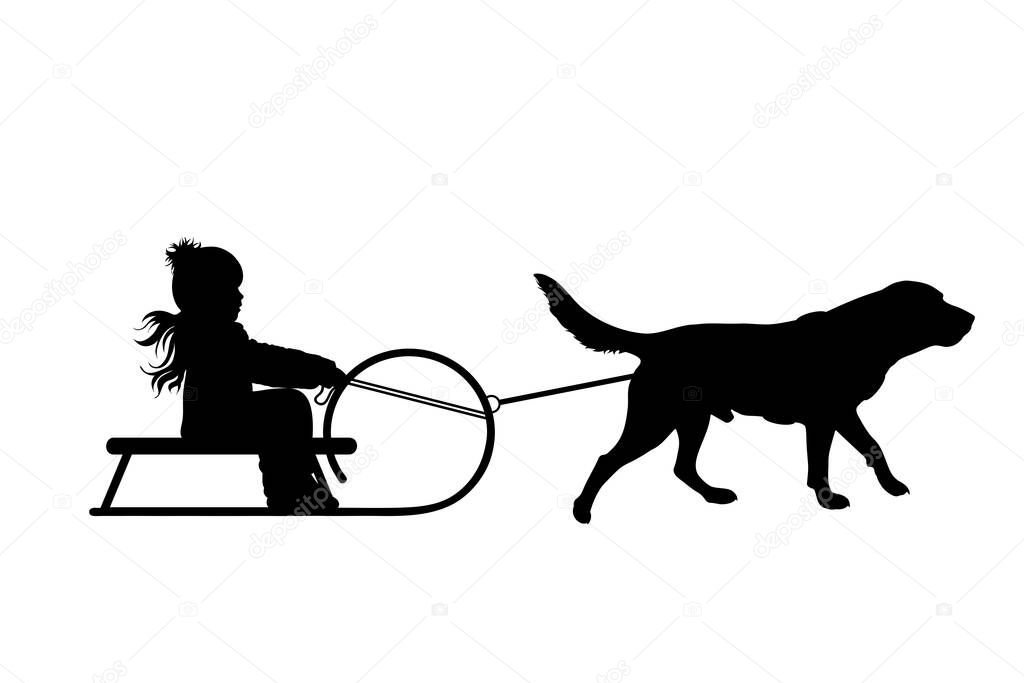 Vector silhouette of child who pulls dog on slegde on white background. Symbol of animal, pet, friends,winter, funny.
