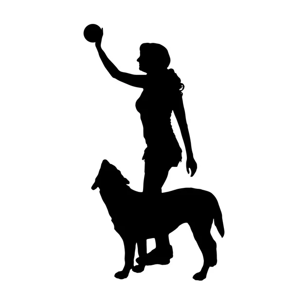 Vector silhouette of a woman and dog. — Stock Vector