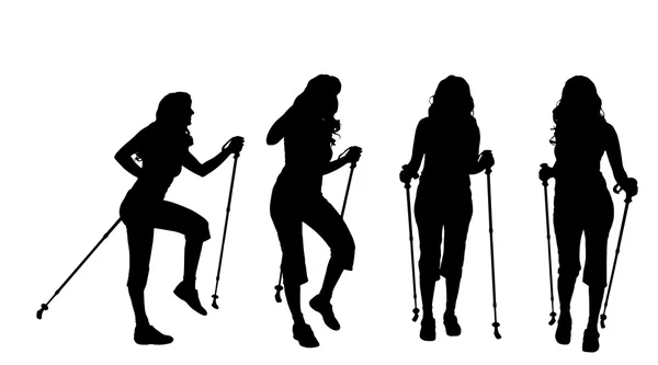 Женщины с нордической ходьбой . — стоковый вектор