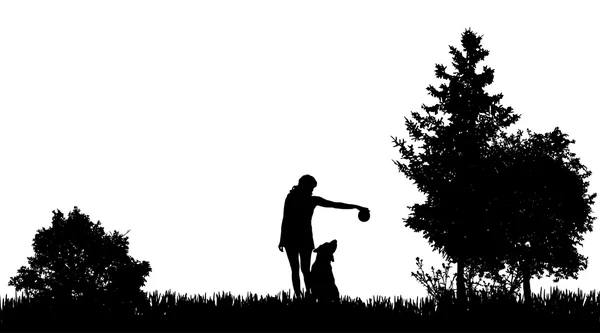 Donna con un cane in natura . — Vettoriale Stock