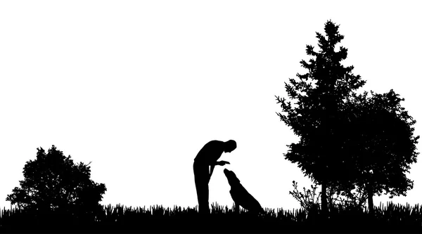 Homme avec un chien dans la nature . — Image vectorielle