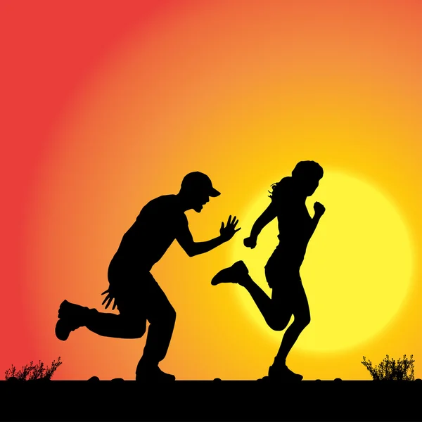 Couple who runs on sunset. — Stock Vector