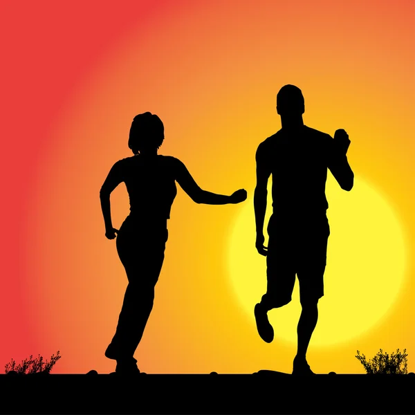 Pareja que corre al atardecer . — Vector de stock