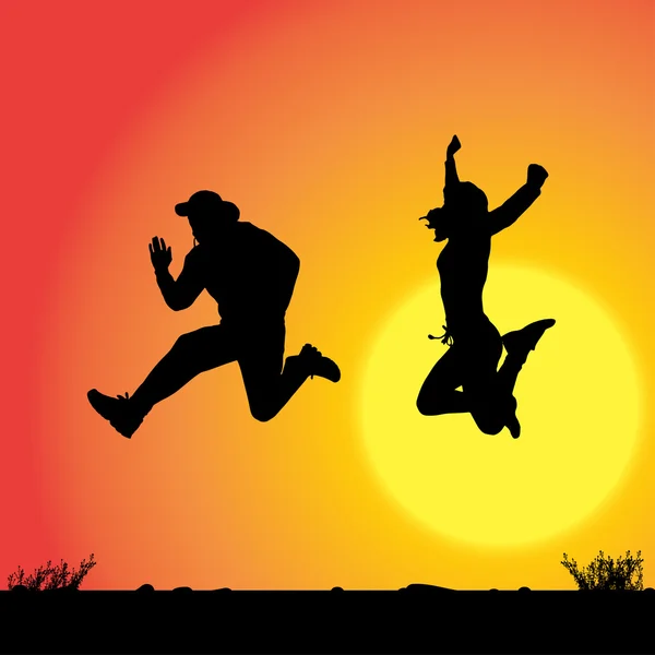 Echtpaar op zonsondergang springen. — Stockvector