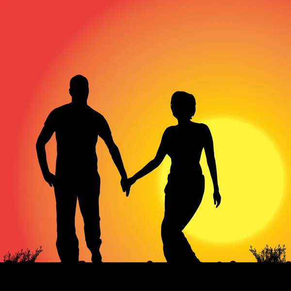 Pareja que camina al atardecer . — Vector de stock