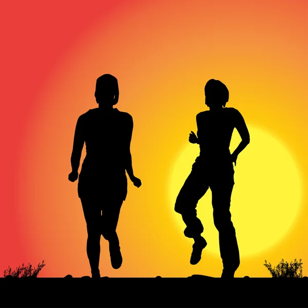 Donne che corrono al tramonto . — Vettoriale Stock