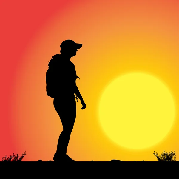 Frau mit Rucksack bei Sonnenuntergang. — Stockvektor