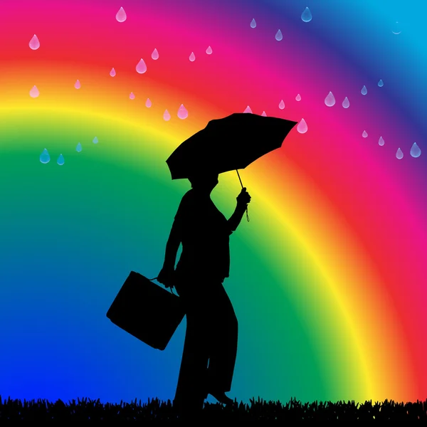 Woman in the rain on a rainbow — Stock Vector
