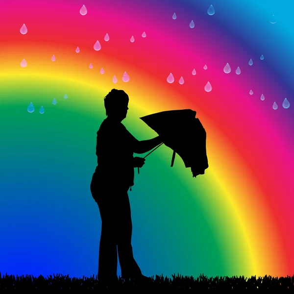 Woman in the rain on a rainbow — Stock Vector