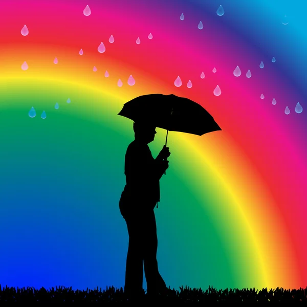 Woman in the rain on a rainbow — Stock Vector
