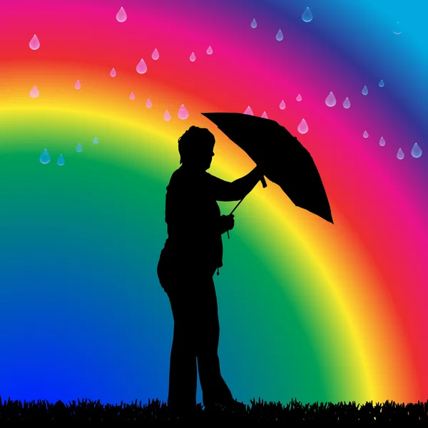 Woman in the rain on a rainbow — Stock Vector