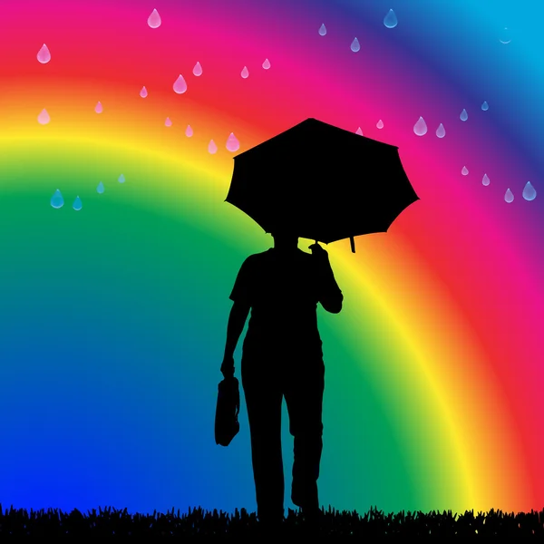 Woman in the rain on a rainbow — Stock Vector