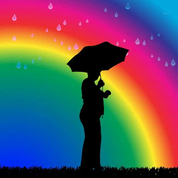 Mujer bajo la lluvia sobre un arco iris — Vector de stock