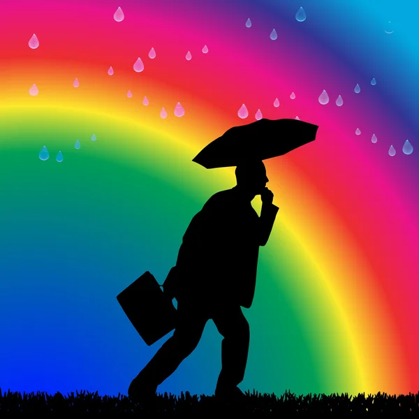 Man in the rain on a rainbow — Stock Vector