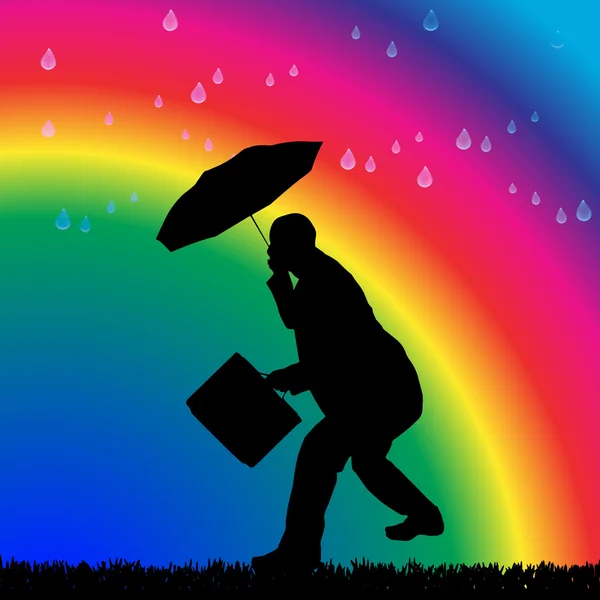 Man in the rain on a rainbow — Stock Vector