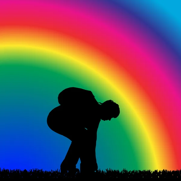 在彩虹上，背包里的女人 — 图库矢量图片