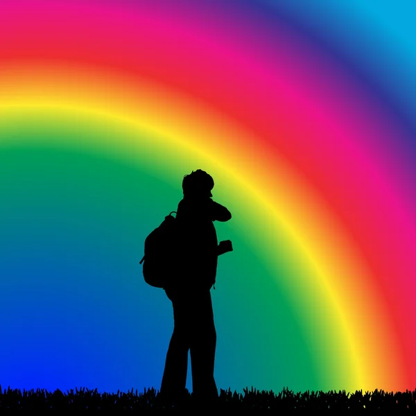 Mujer con mochila en arco iris — Vector de stock