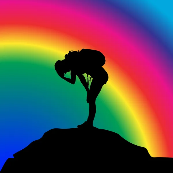 虹のバックパックを持つ女性 — ストックベクタ
