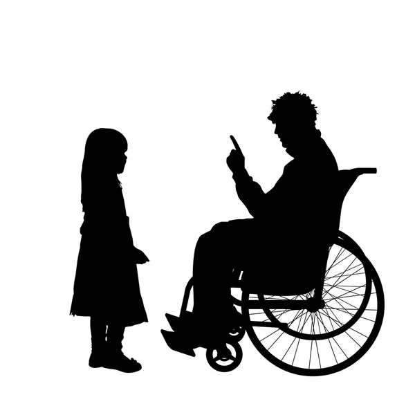 Człowiek na wózku inwalidzkim z córką. — Wektor stockowy