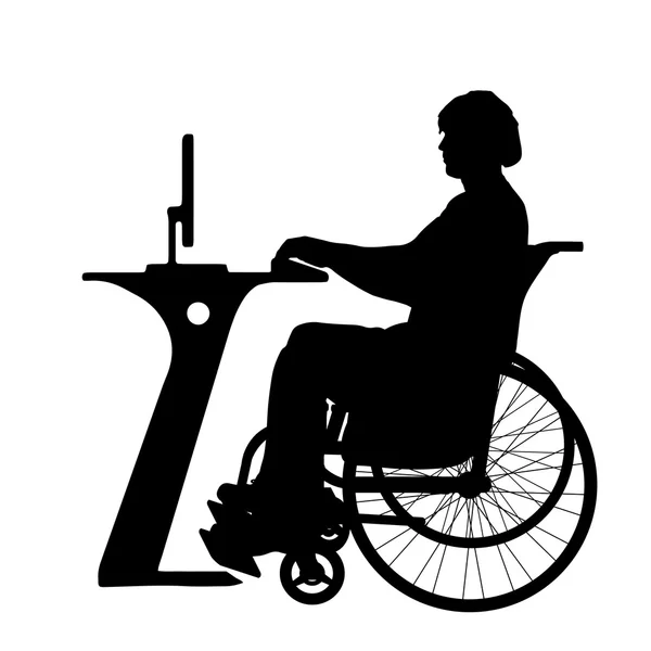 Homme en fauteuil roulant travaille avec ordinateur — Image vectorielle