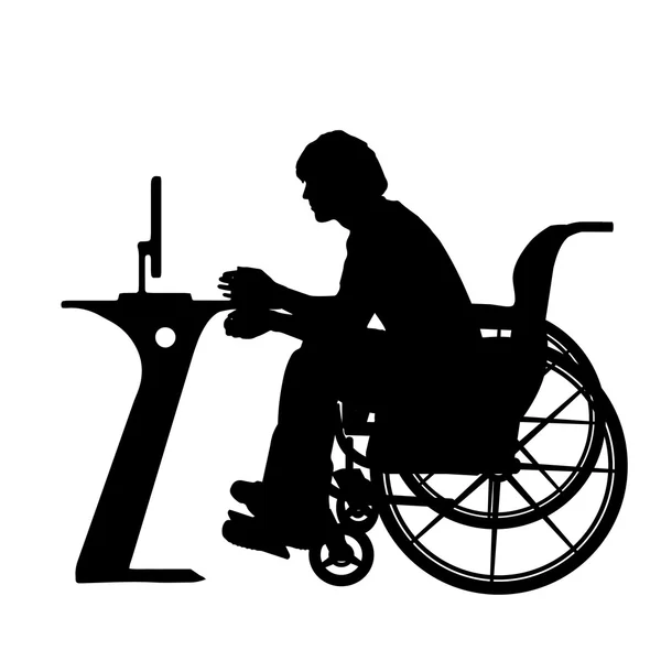 Adam tekerlekli sandalyede bilgisayarla çalışır — Stok Vektör