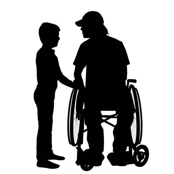 Bărbat în scaun cu rotile cu fiul . — Vector de stoc