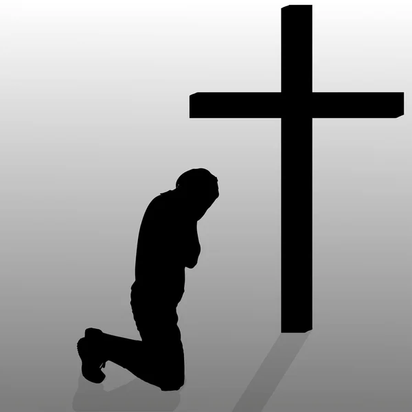 Mann, der in der Nähe des Kreuzes kniet. — Stockvektor