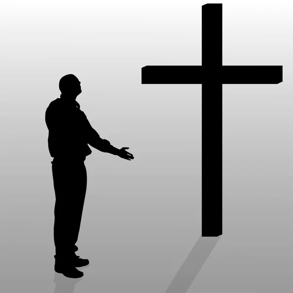 Mann, der in der Nähe des Kreuzes kniet. — Stockvektor