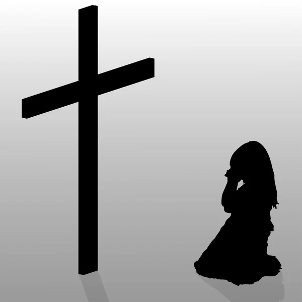 Fille qui s'agenouille près de croix . — Image vectorielle