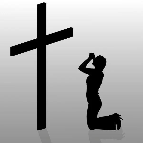 Vrouw die in de buurt van knielt Kruis. — Stockvector