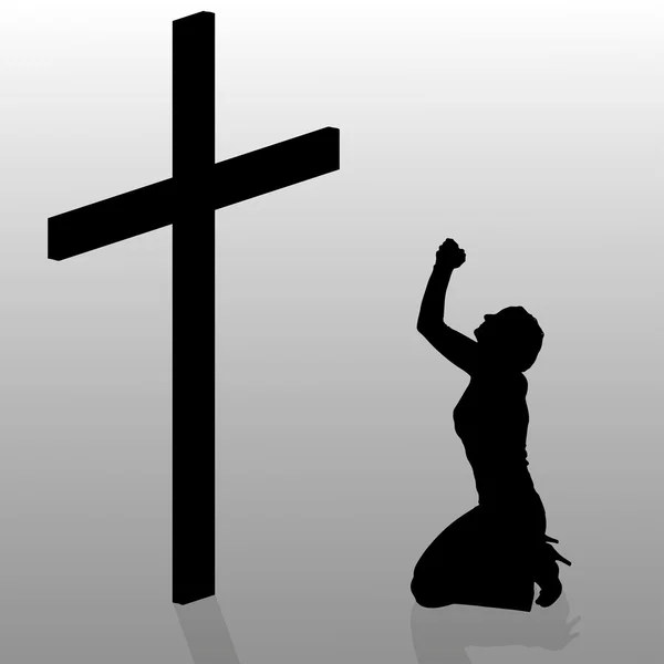 Donna che si inginocchia vicino alla croce . — Vettoriale Stock