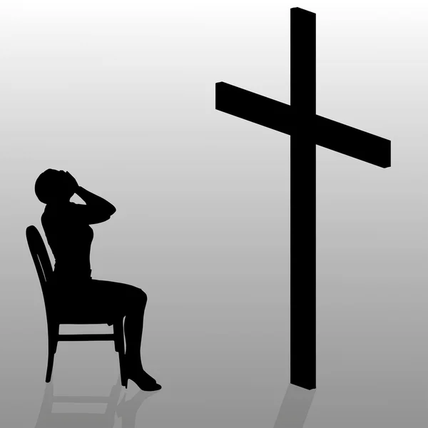 Mujer que se sienta cerca de la cruz . — Vector de stock