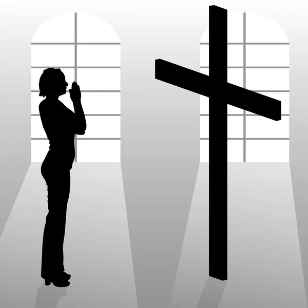 Mujer que ora en la iglesia . — Vector de stock