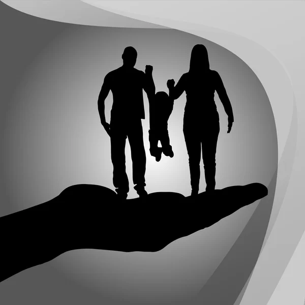 Silhouette of a family on palm — Stock Vector