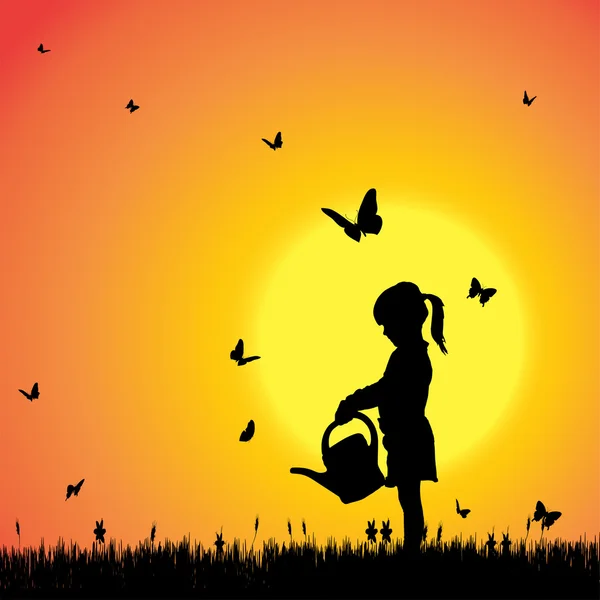 Silhouette d'une fille avec des papillons . — Image vectorielle