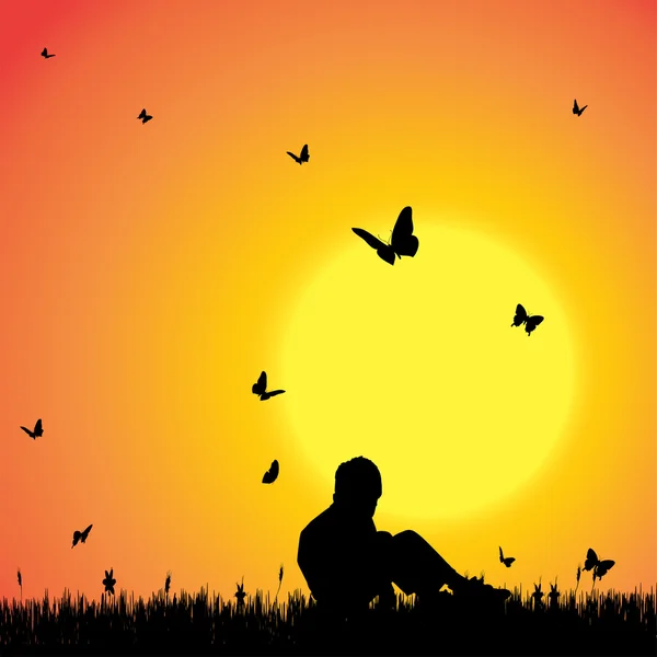 Silhouette d'un garçon aux papillons . — Image vectorielle