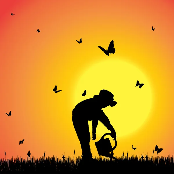 Silhouette of a boy with butterflies. — Stock Vector