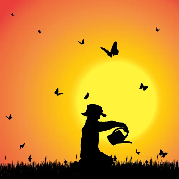 Silhouette of a boy with butterflies. — Stock Vector