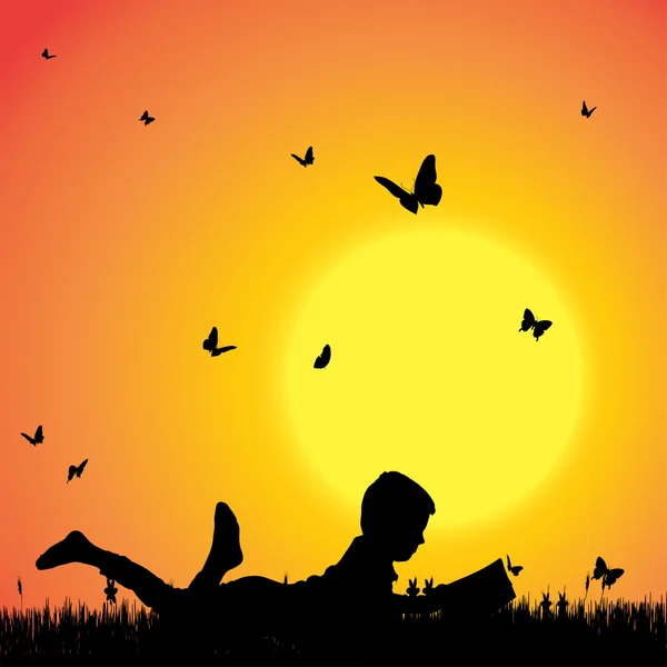 Silhouette of a boy with butterflies. — Stock Vector