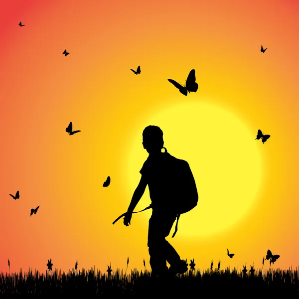 Silhouette of a boy with butterflies. — Stock Vector