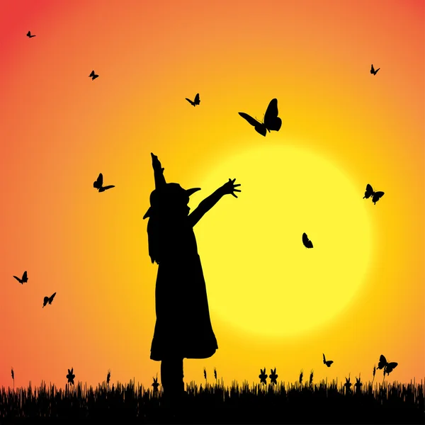 Kelebekler bir kızla silüeti.