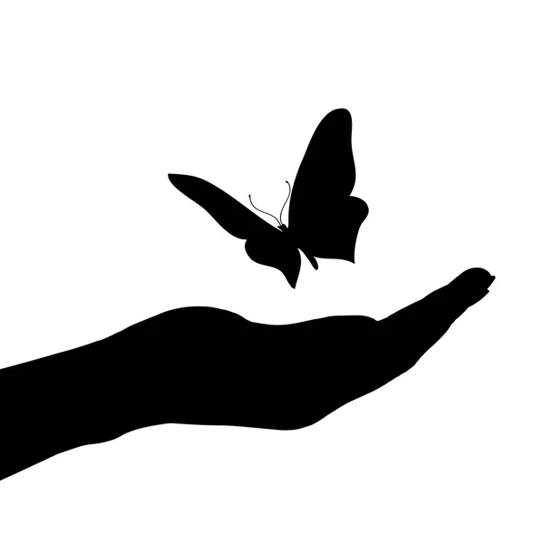 Silhouette eines Schmetterlings auf der Hand — Stockvektor