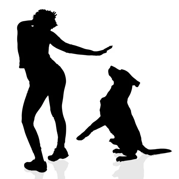 Silhouette di una donna con un cane — Vettoriale Stock