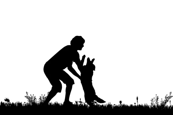 Silhouette eines Mannes mit Hund. — Stockvektor