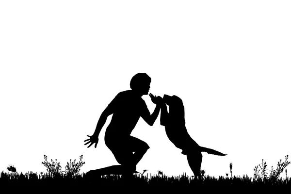 Silhouette eines Mannes mit Hund. — Stockvektor