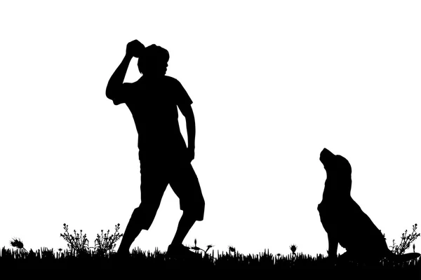 Silhouette eines Mannes mit Hund. — Stockvektor