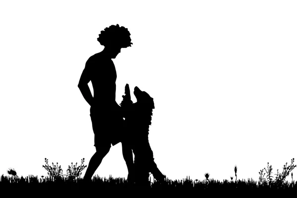 Silhouet van een man met een hond. — Stockvector