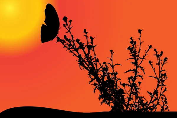Siluett med fjäril i solnedgången. — Stock vektor