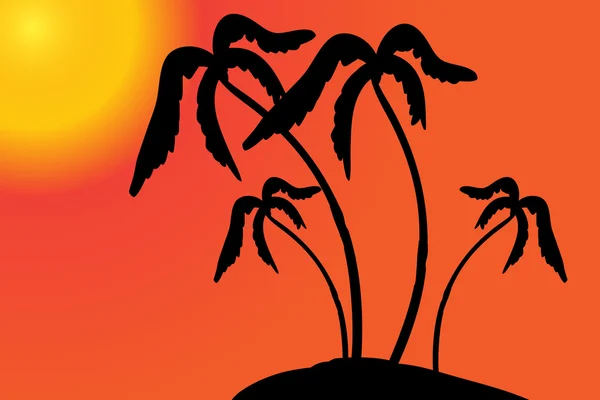 Gün batımında palmiye ağaçları olan ada. — Stok Vektör