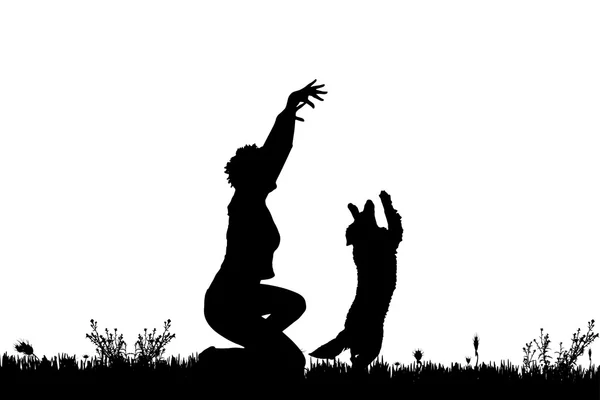 Silhouette d'une femme avec un chien . — Image vectorielle